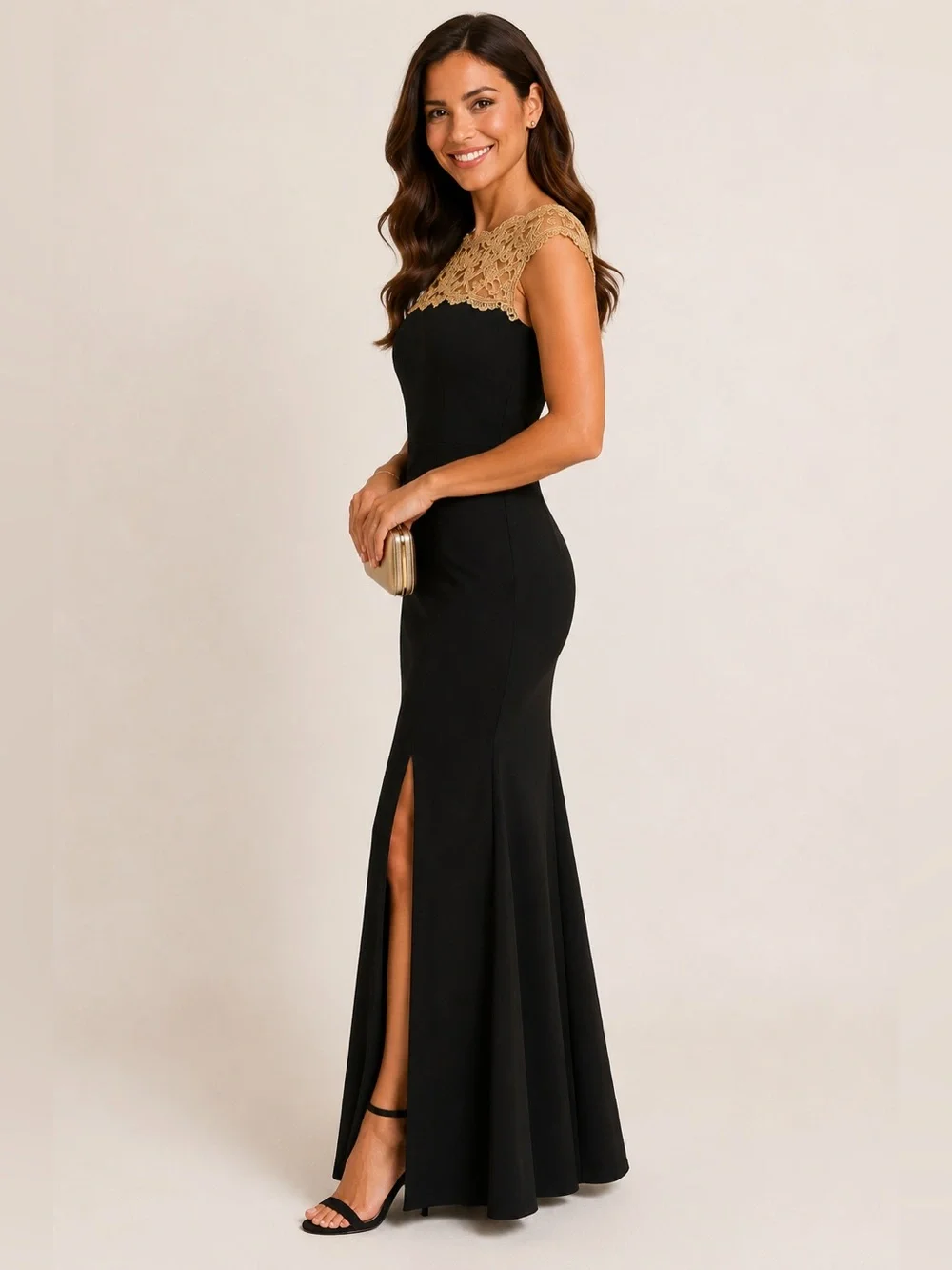 SLNY Size 14 Black Gold Lace Yoke Formal Evening Gown Maxi Dress GALA MOB/MOG